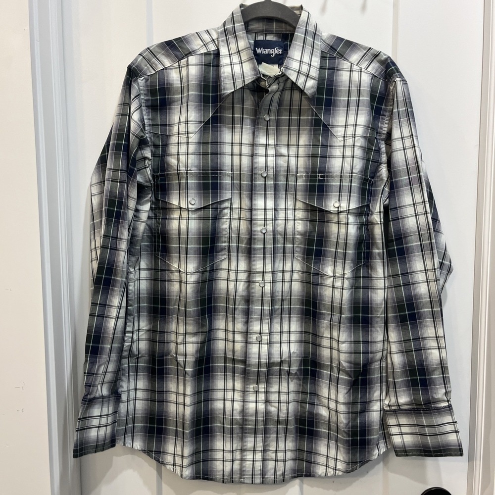 Wrangler Mens Long Sleeve Pearl Snap Plaid Shirt Size Medium 100% Cotton Western